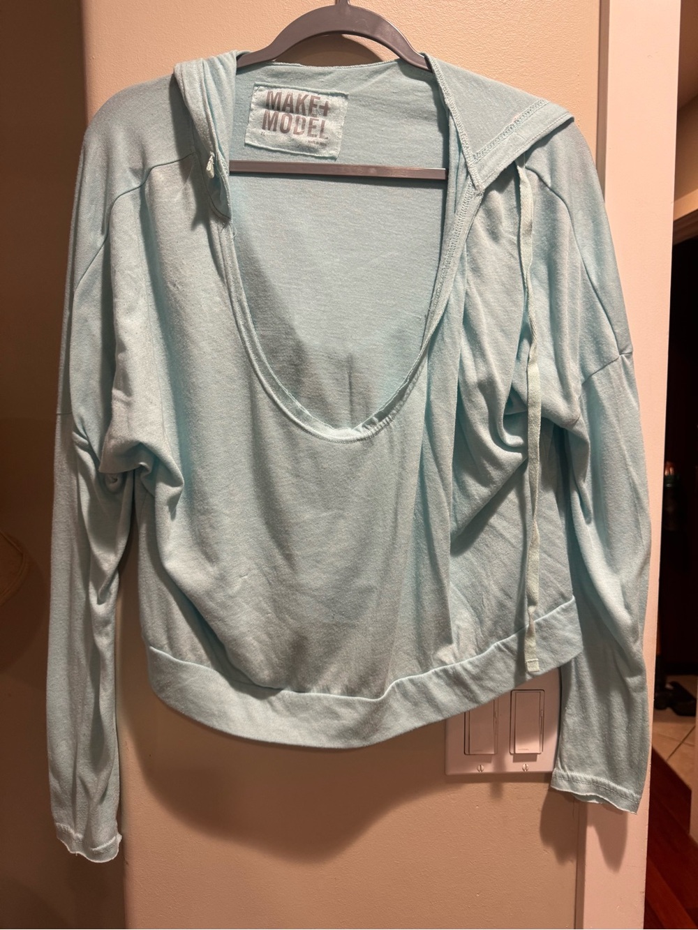 Make + Model Mint Blue Hooded Scoop-Neck Long Sleeve Top